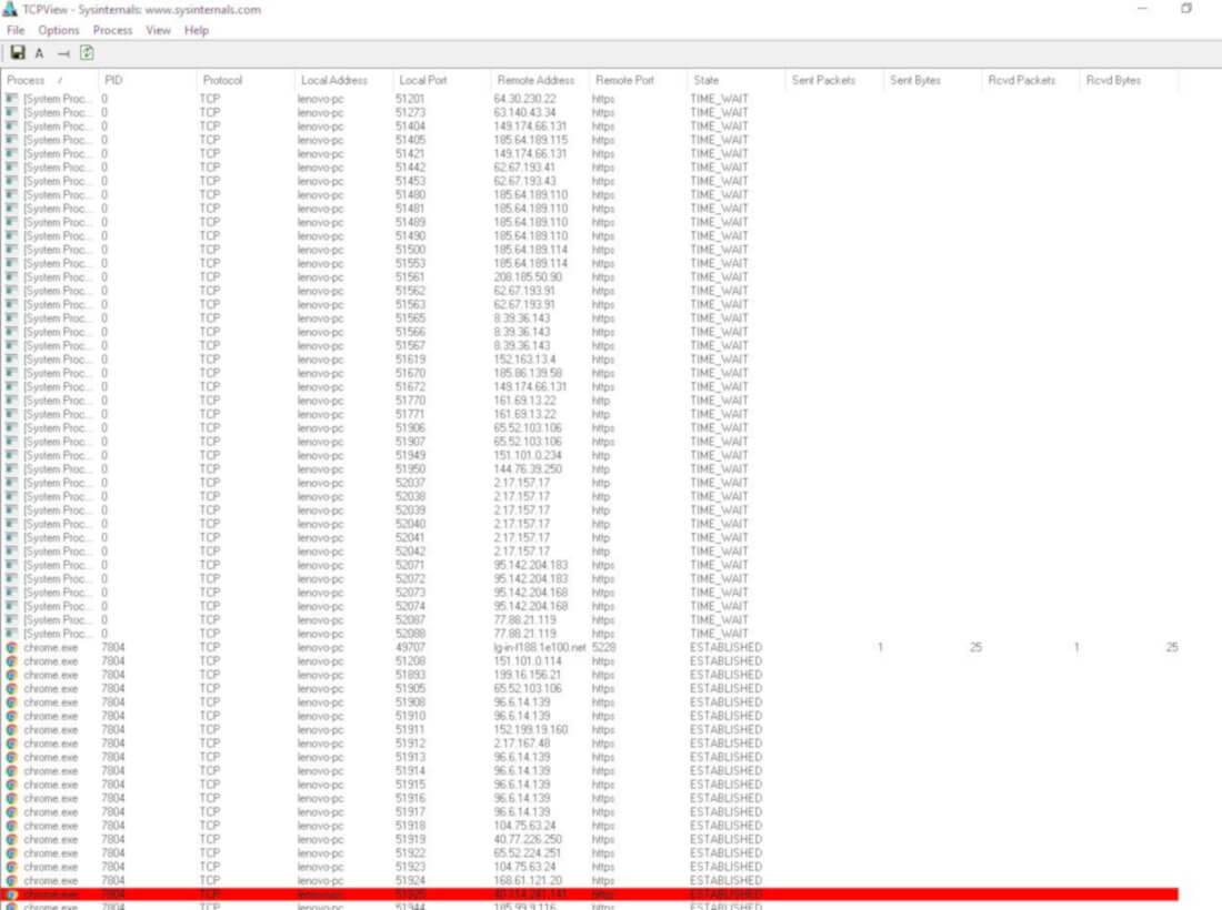 Просмотр сетевых коннектов в программе TCPViewer